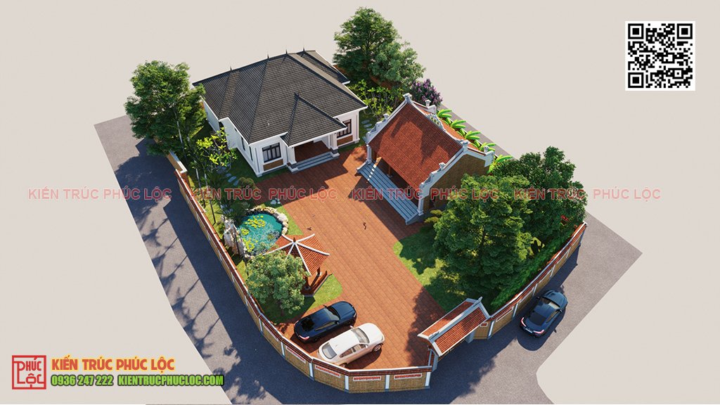 Tổng thể mẫu thiết kế nhà gỗ 3 gian kết hợp nhà ngang