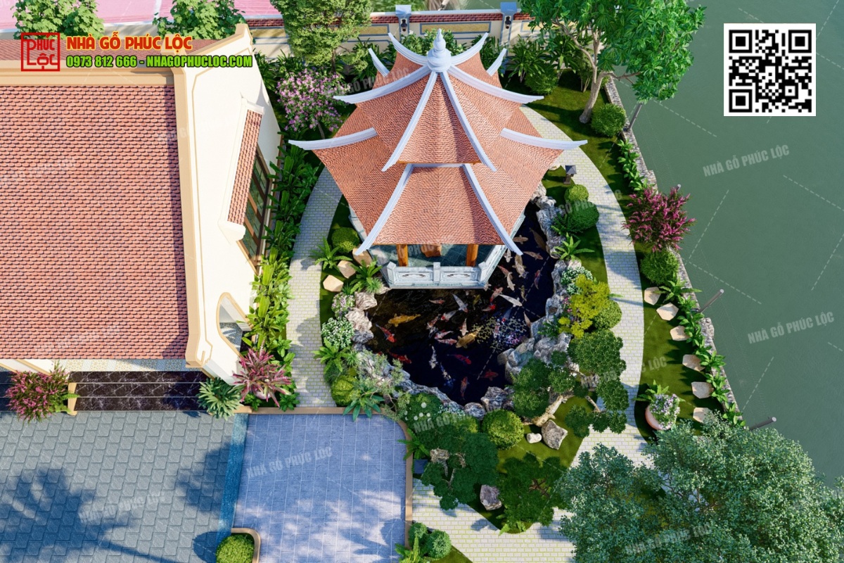 Nhà gỗ 3 gian, 5 gian kết hợp sân vườn, ao chòi